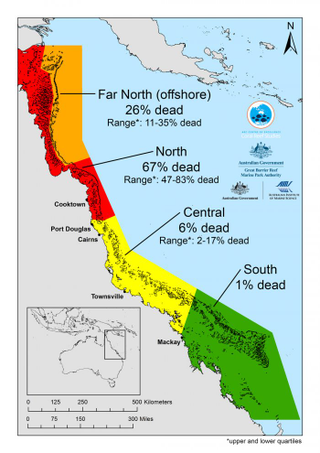 Average coral loss along each section of the Great Barrier Reef. (Image: ARC Centre of Excellence For Coral Reef Studies)